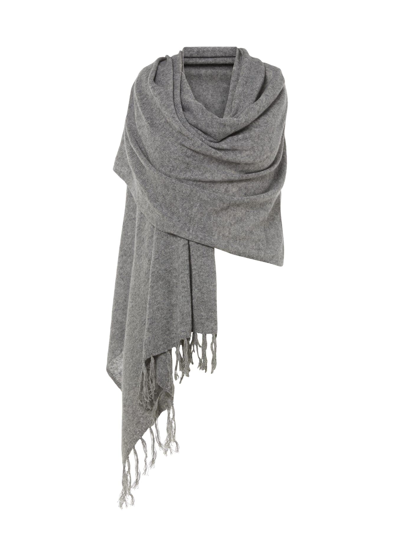 A soft grey cashmere shawl with fringed ends, draped and wrapped